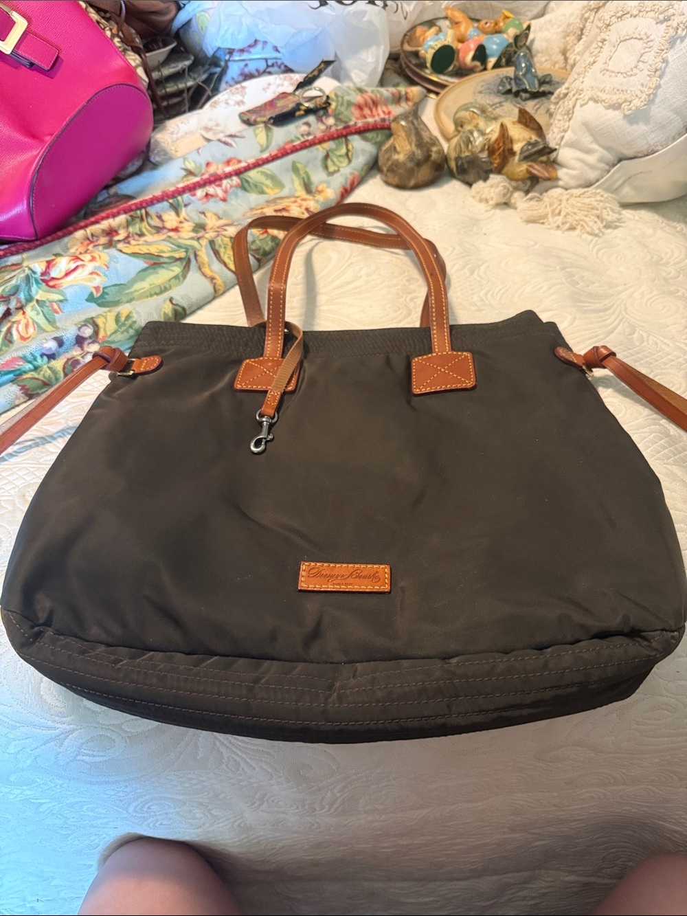 Brown Tote Bag with Tan Trim - Women's Shoulder Bag, Vinyl